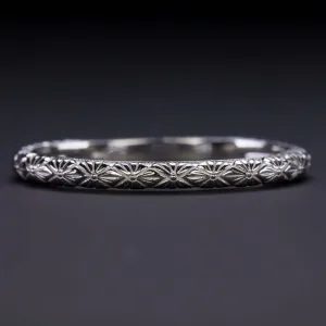 14k WHITE GOLD VINTAGE STYLE WEDDING BAND STACKING RING ENGRAVED FLORAL ART DECO
