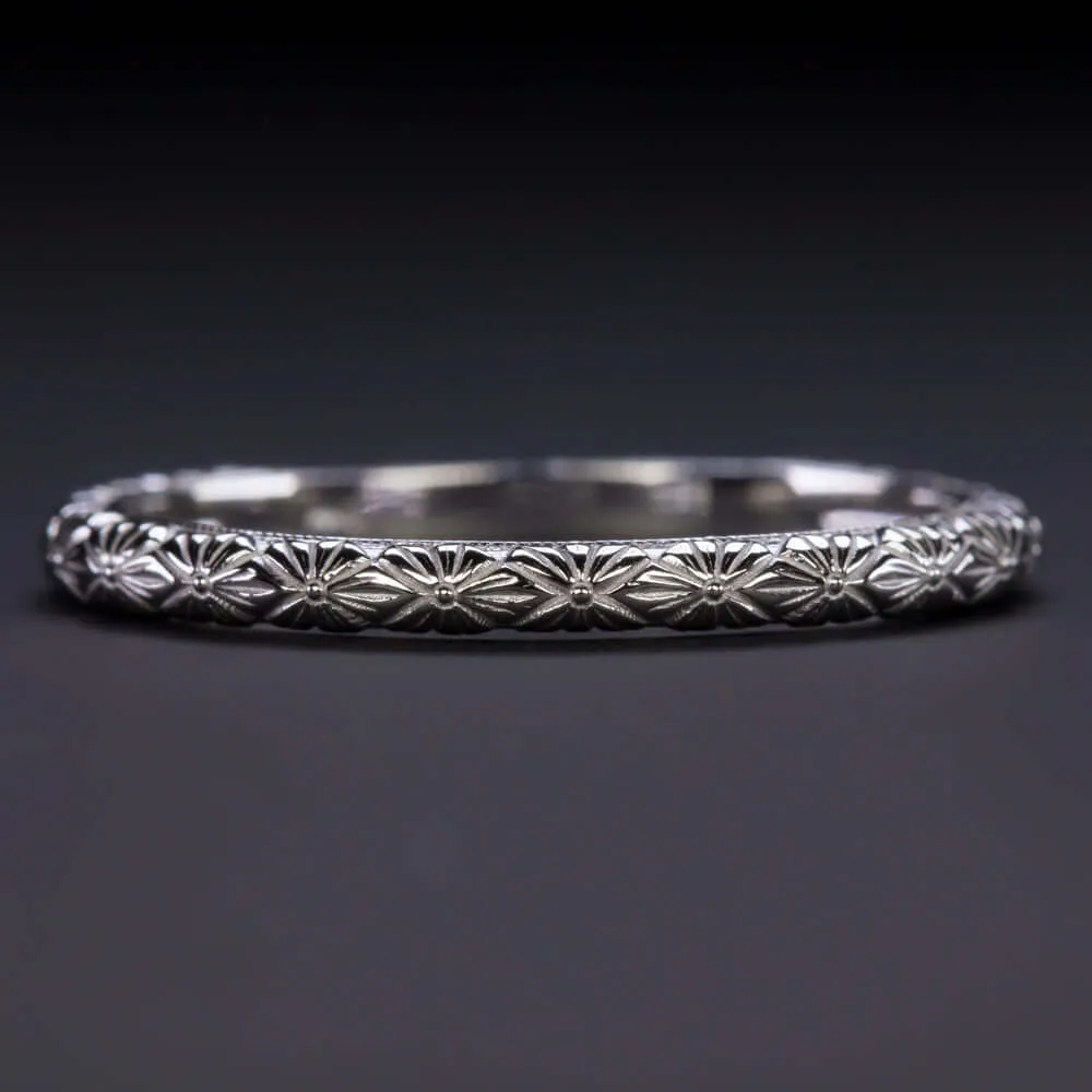 14k WHITE GOLD VINTAGE STYLE WEDDING BAND STACKING RING ENGRAVED FLORAL ART DECO