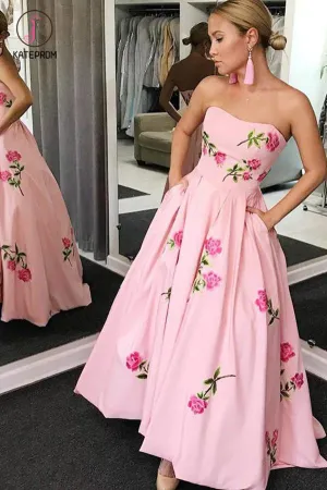 A Line Strapless Floor Length Printed Prom Dress, Long Floral Evening Dresses KPP0578