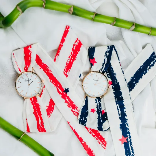 Blue Star Splash Print Changeable Fabric Strap Boho Wristwatch