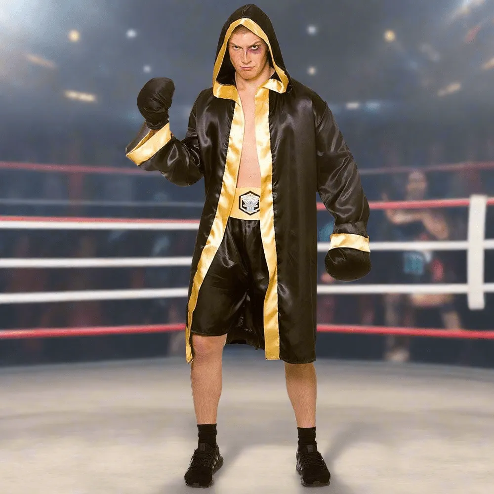 Champion Boxer Mens Fancy Dress Costume Hooded Robe Gloves