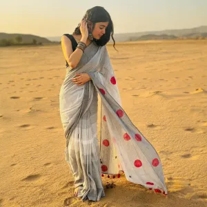 Cotton Printed Saree With Blouse | Geometric Pattern | Grey