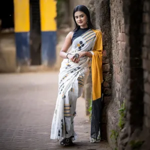 Cotton Printed Saree With Blouse | Geometric Pattern | Yellow
