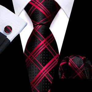 Crimson Red and Black Pinstripe Jacquard Tie, Pocket Square, and Cufflinks Set