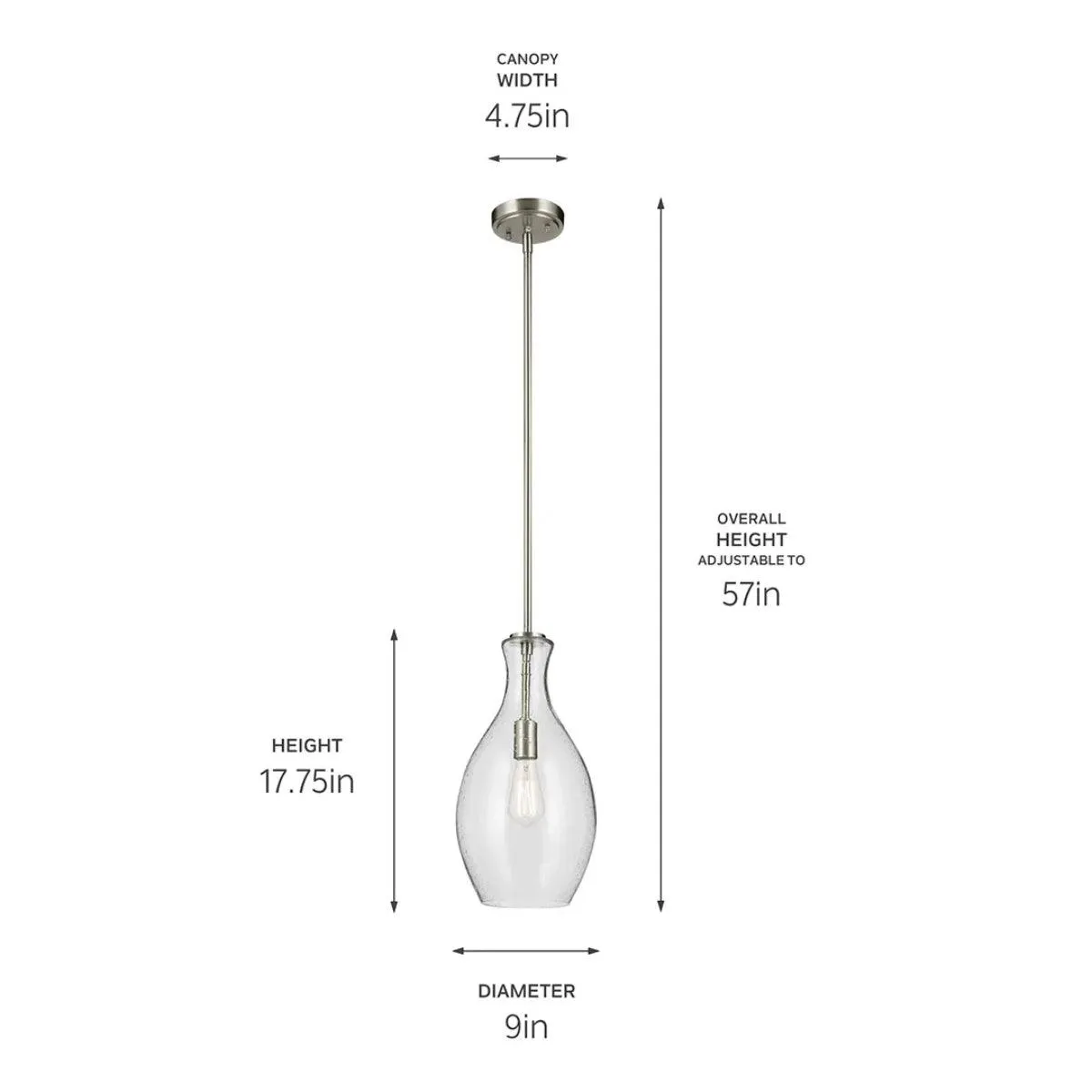 Everly 18" 1-Light Mini Pendant Light with Clear Seeded Glass, Brushed Nickel Finish