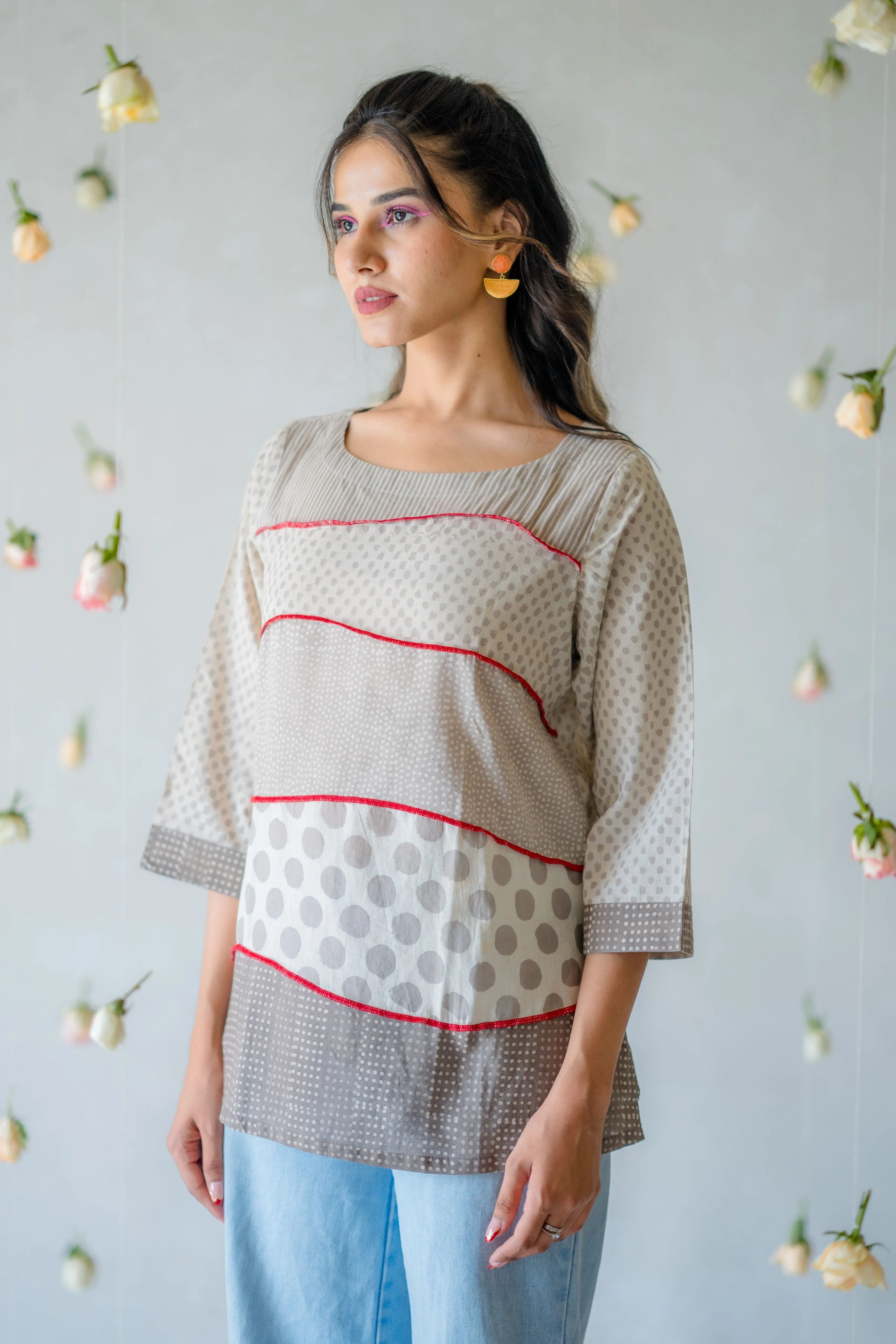 Indian Summer Grey Dabu Cotton Top | Ray-ethnic