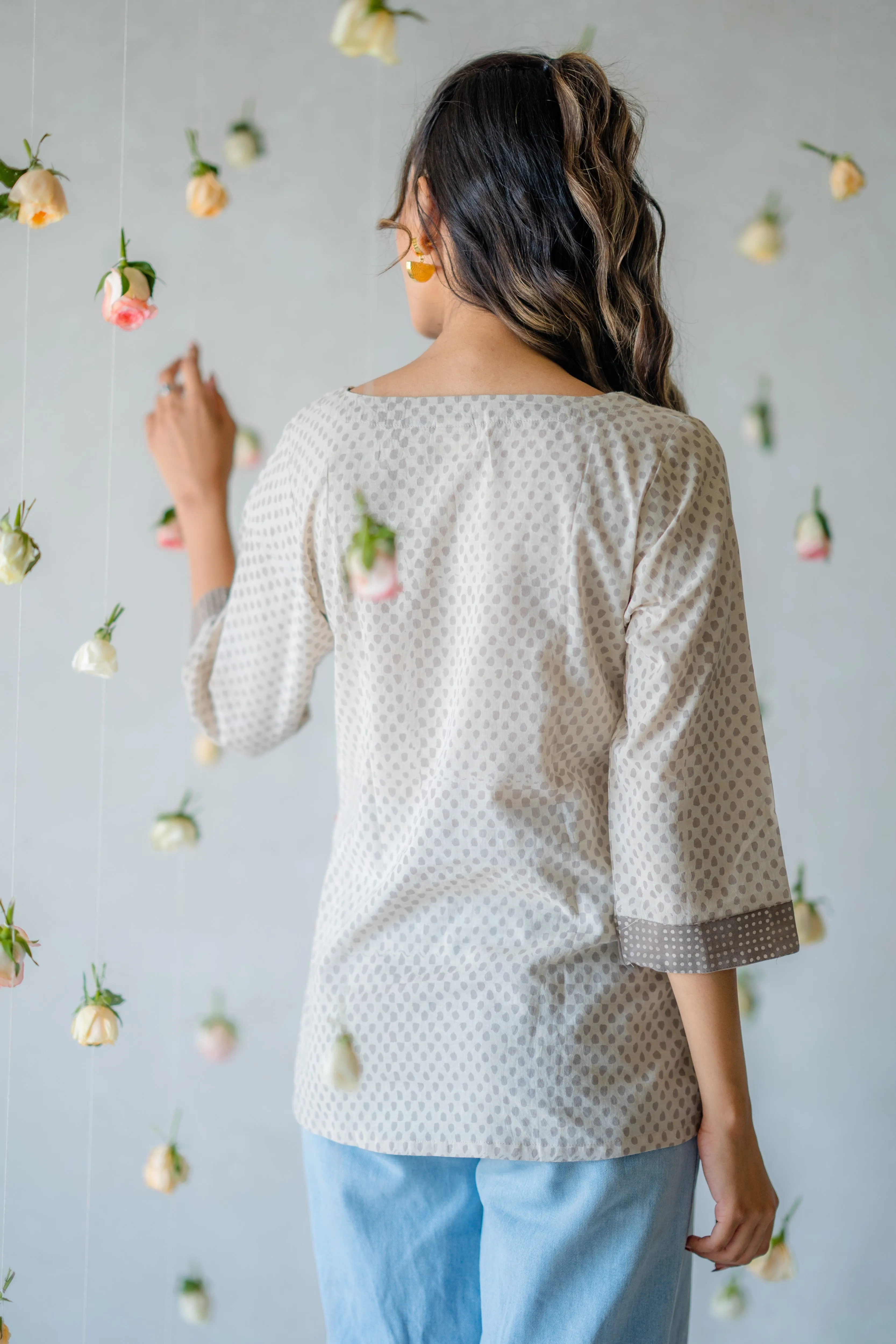 Indian Summer Grey Dabu Cotton Top | Ray-ethnic