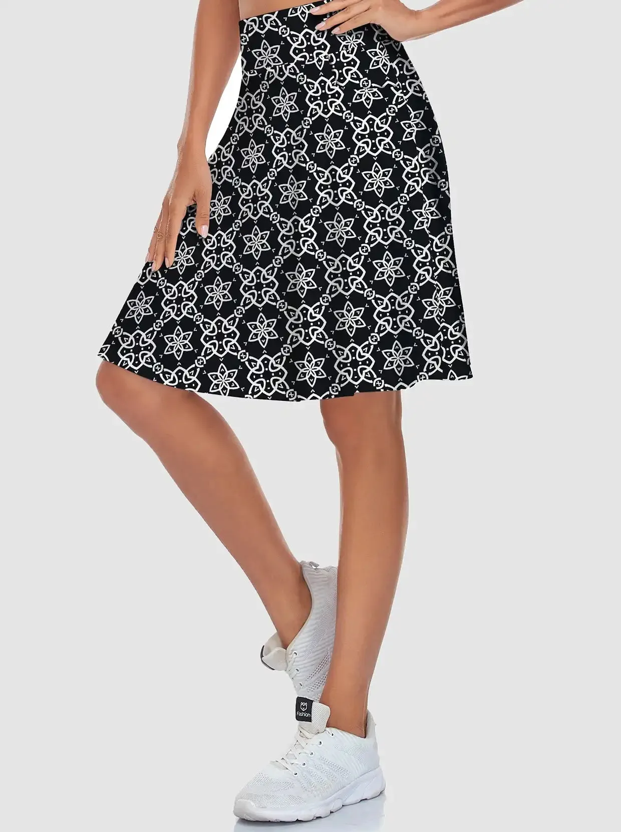 Ladies White Geometric Active Skorts with Inner Shorts and Pockets