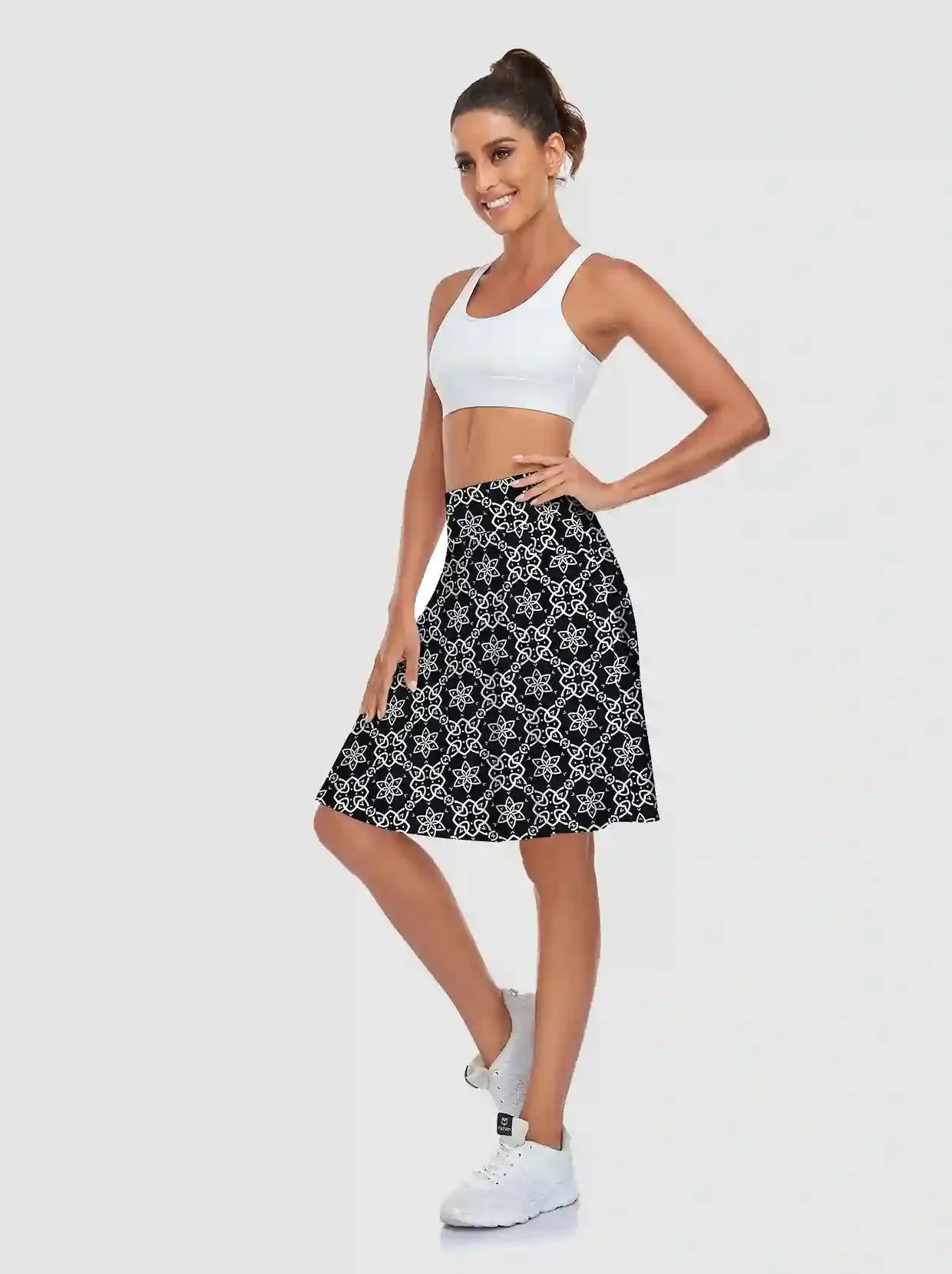 Ladies White Geometric Active Skorts with Inner Shorts and Pockets