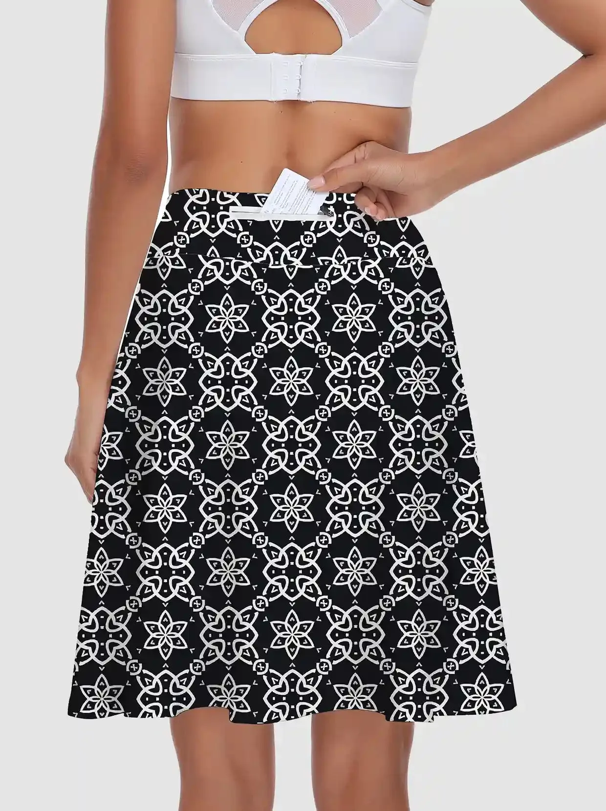 Ladies White Geometric Active Skorts with Inner Shorts and Pockets