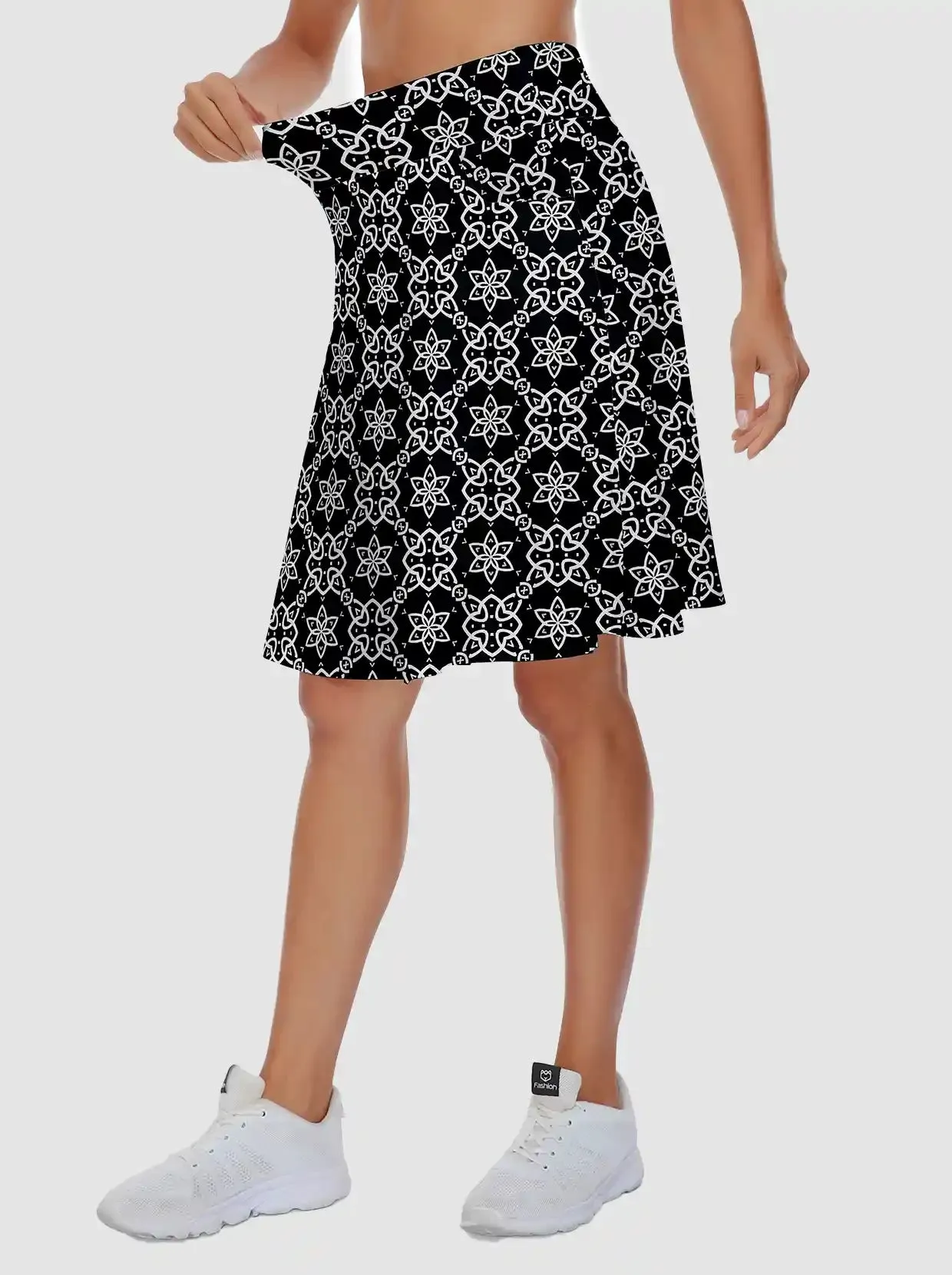 Ladies White Geometric Active Skorts with Inner Shorts and Pockets