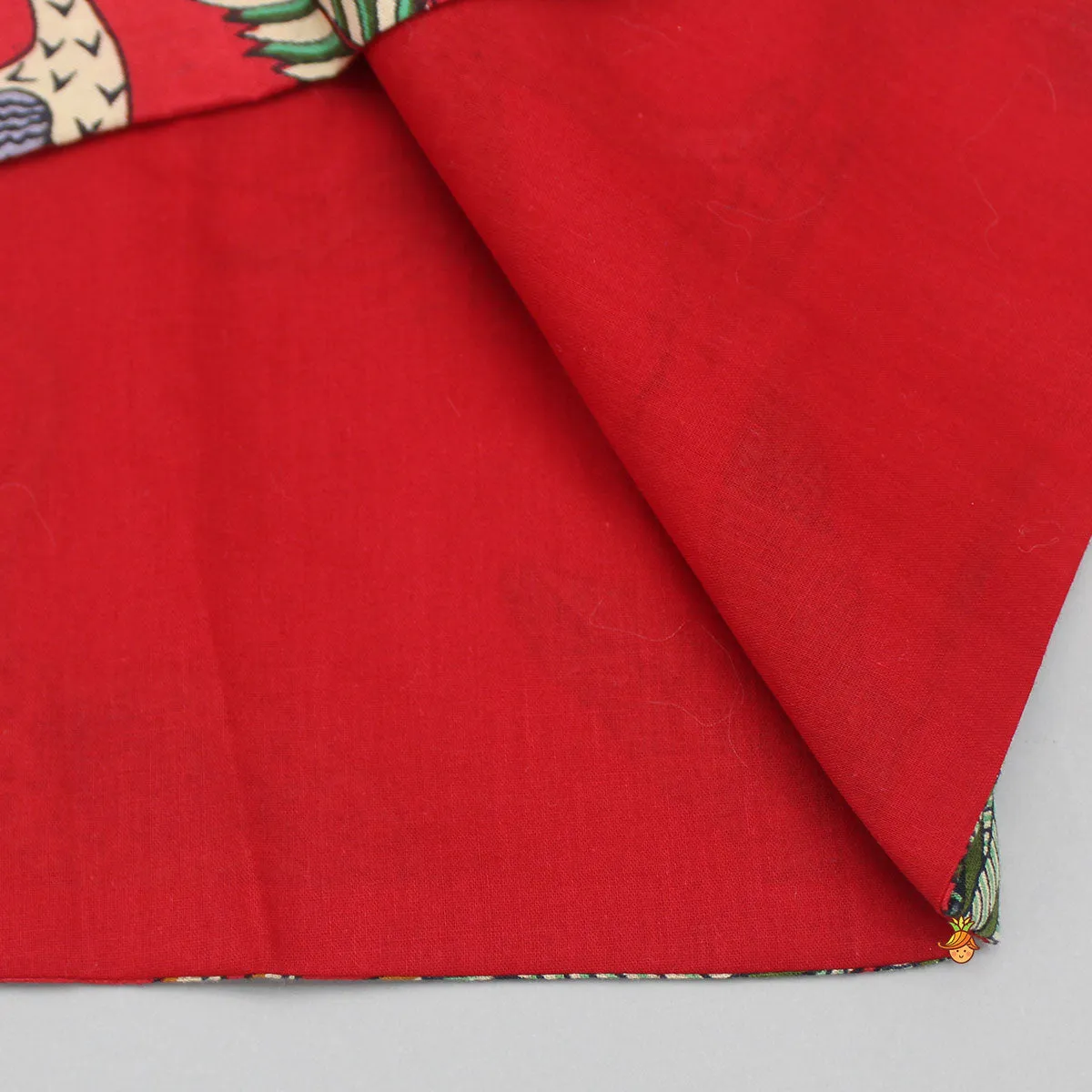 Pre Order: Crimson Red Jungle Theme Printed Asymmetric Kurta And Black Pyjama