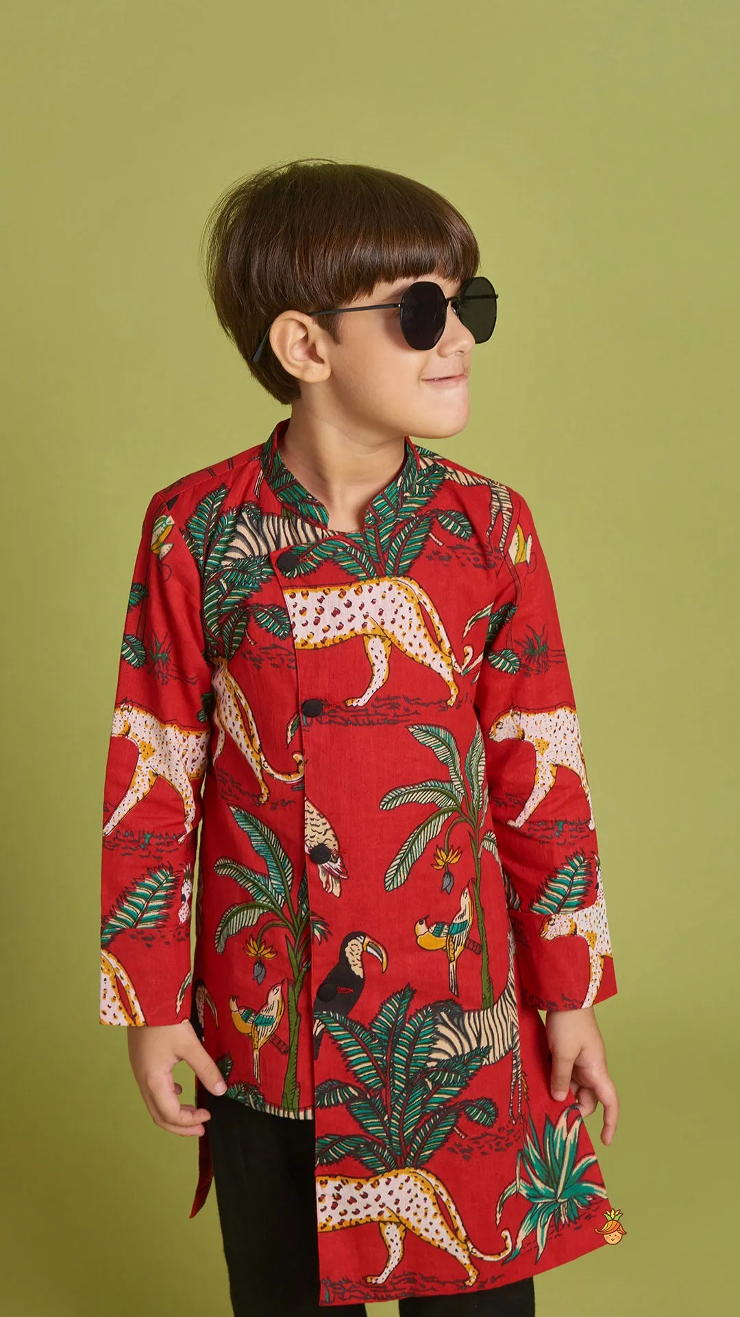 Pre Order: Crimson Red Jungle Theme Printed Asymmetric Kurta And Black Pyjama
