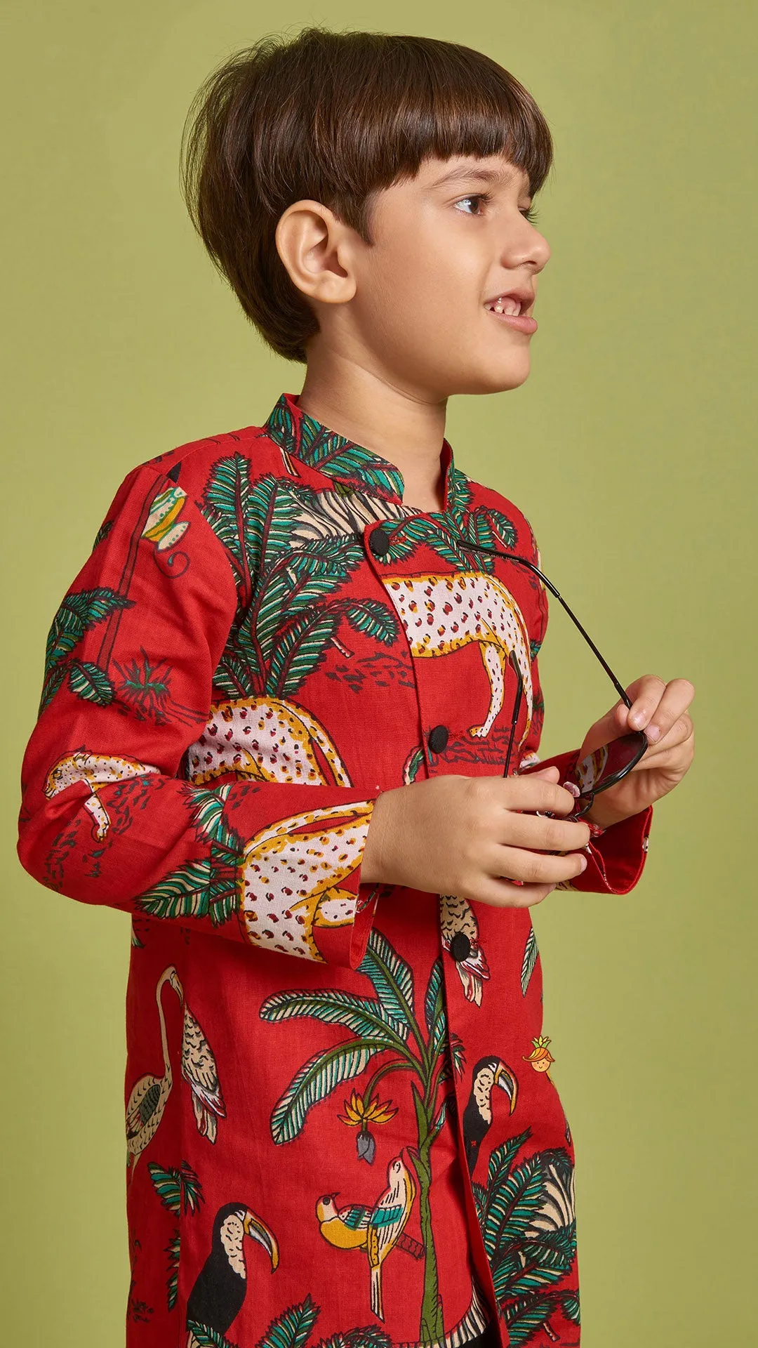 Pre Order: Crimson Red Jungle Theme Printed Asymmetric Kurta And Black Pyjama