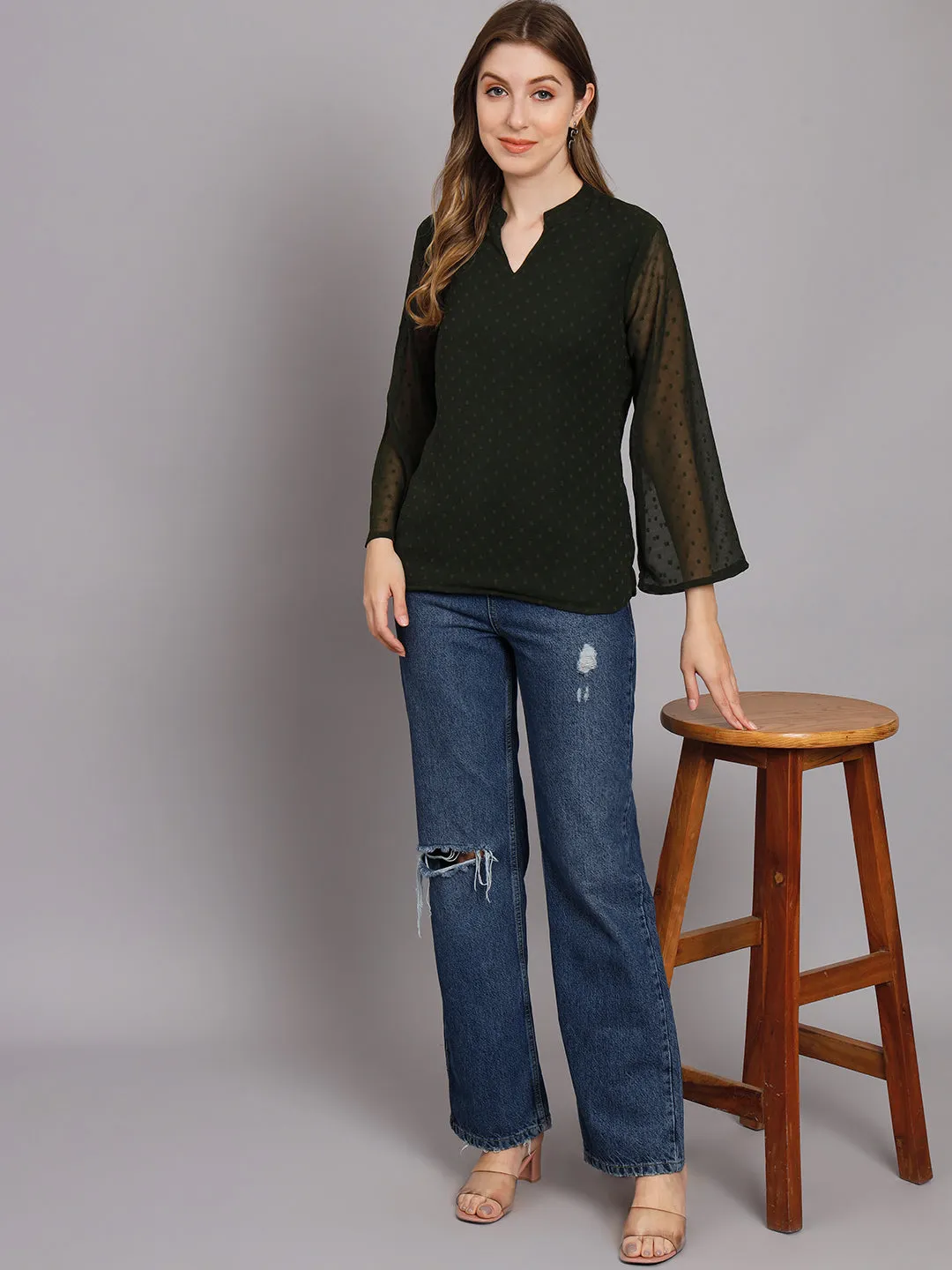 Women's Olive Green Chiffon Straight Top