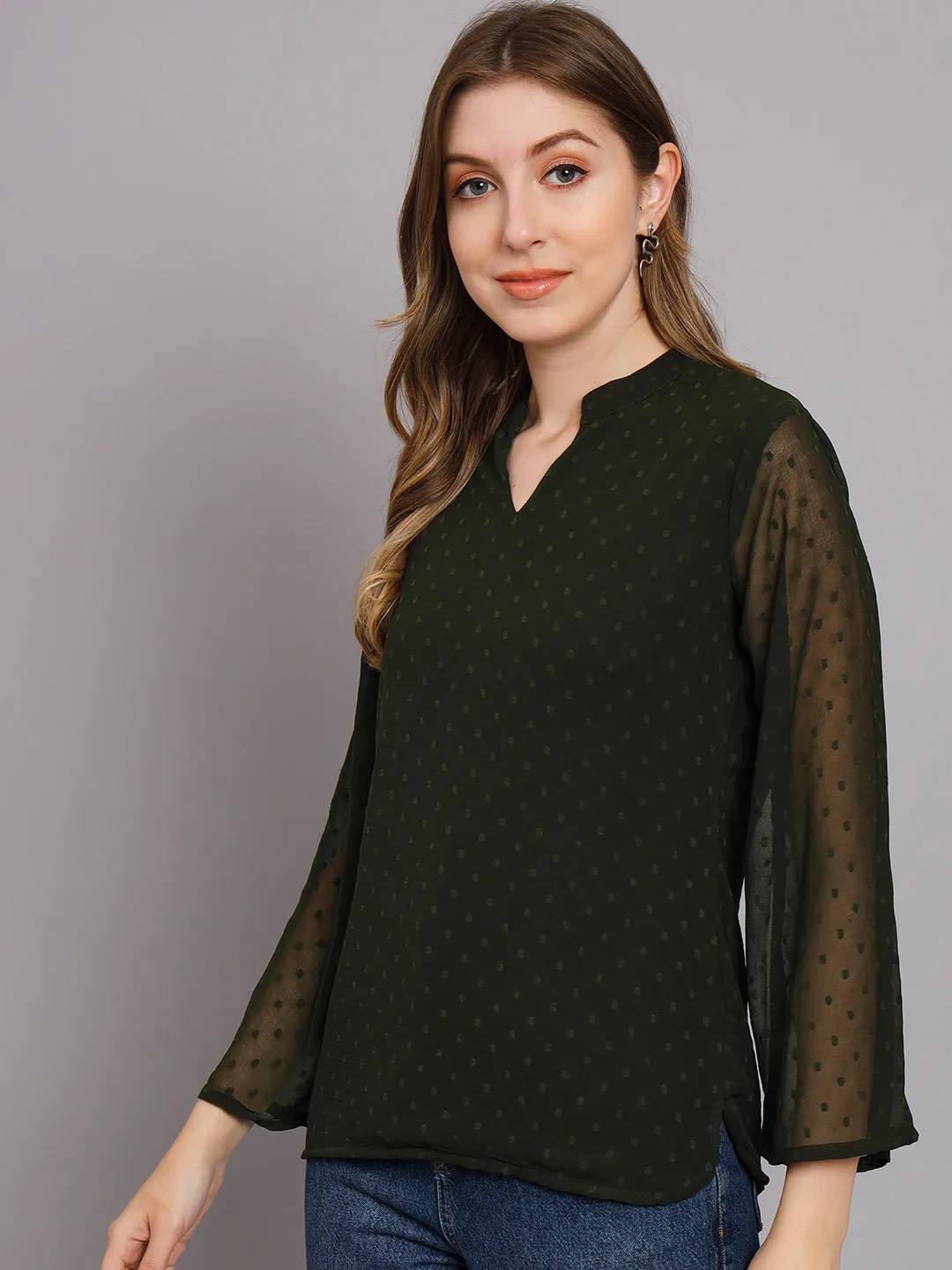 Women's Olive Green Chiffon Straight Top