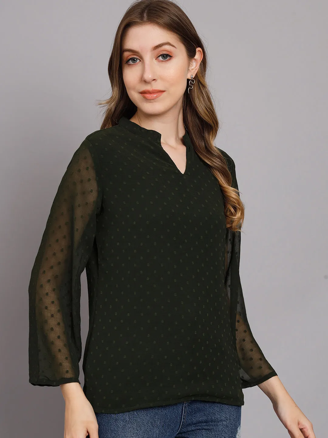 Women's Olive Green Chiffon Straight Top