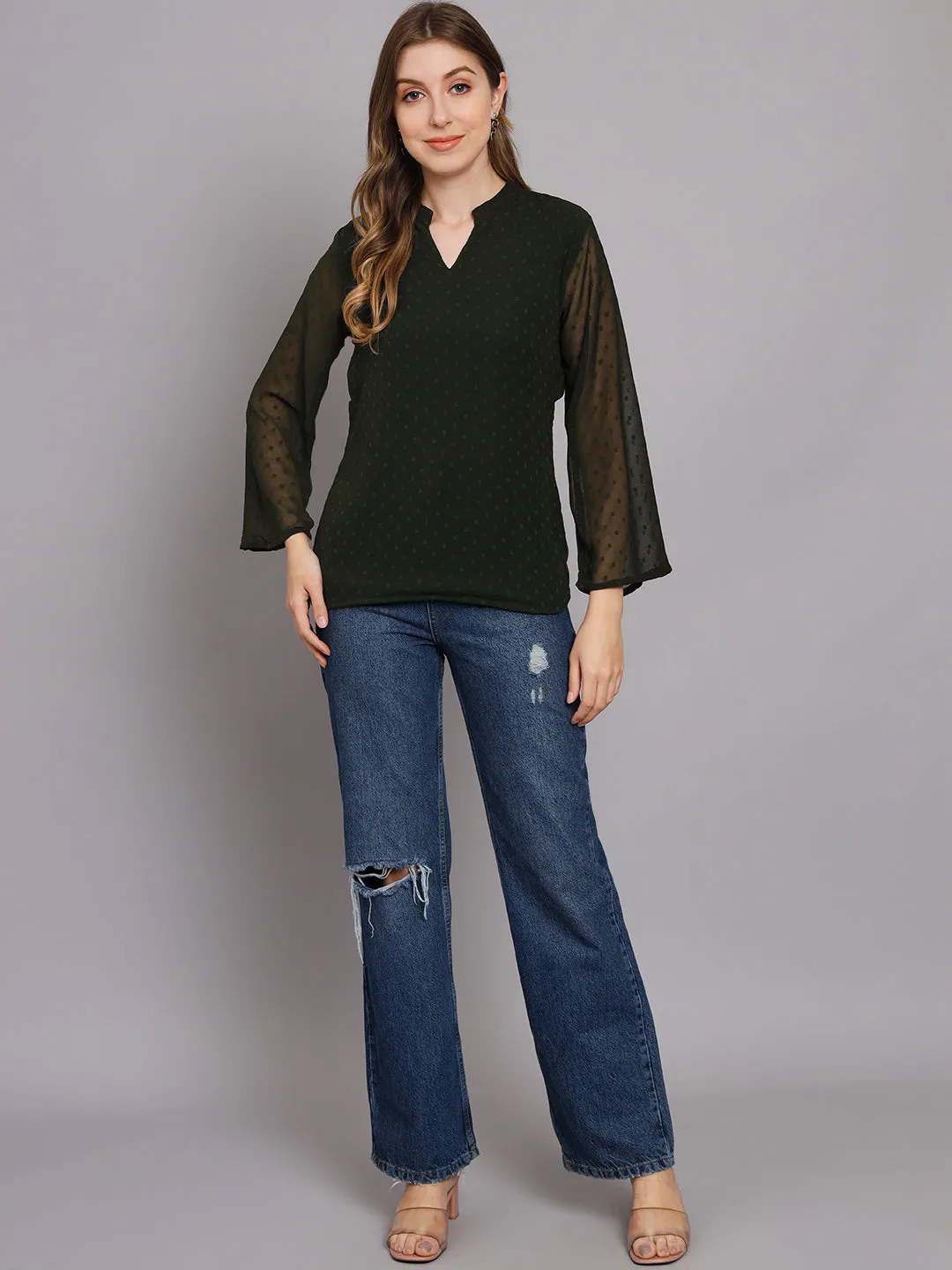 Women's Olive Green Chiffon Straight Top